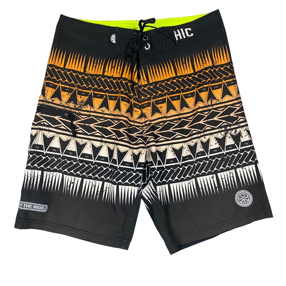HIC Hawaiian Island Creations Tribal Print Board Shorts Mens 32 Black Orange